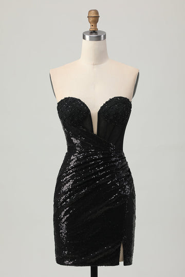 Black Bodycon Strapless Sequin Homecoming Dress with Slit